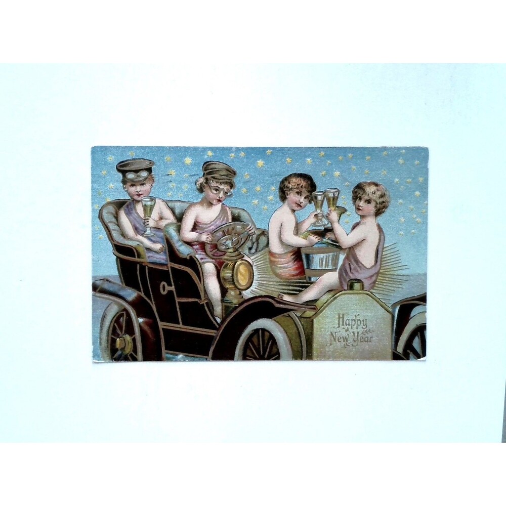 1910 Embossed New Year Postcard Cherubs in Vintage Car Champagne Celebration